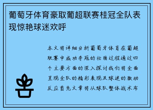 葡萄牙体育豪取葡超联赛桂冠全队表现惊艳球迷欢呼 葡萄牙体育豪取葡超联赛桂冠全队表现惊艳球迷欢呼