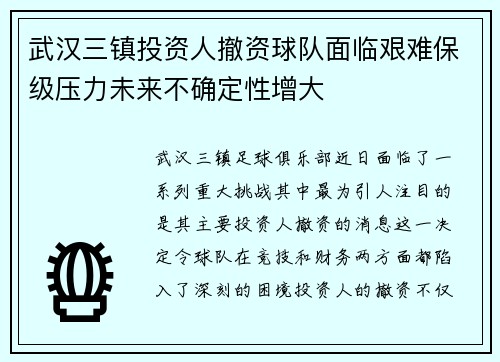 武汉三镇投资人撤资球队面临艰难保级压力未来不确定性增大